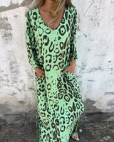 Damen Langarm Maxikleid mit V-Dekolleté und gemusterter Oberfläche in Grün mit Leopardenmuster