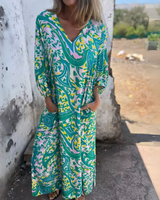 Damen Langarm Maxikleid mit V-Dekolleté und gemusterter Oberfläche in Grün mit Muster