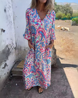 Damen Langarm Maxikleid mit V-Dekolleté und gemusterter Oberfläche in Rosa mit Muster