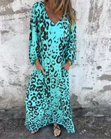 Damen Langarm Maxikleid mit V-Dekolleté und gemusterter Oberfläche in Türkis mit Leopardenmuster
