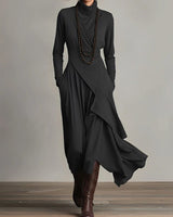 Nora | Damen Langarm Maxikleid Rollkragen Asymmetrisch Fließend in Schwarz