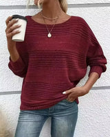 Damen Langarm Pullover mit Rundhalsausschnitt und Fledermausärmeln in horizontalen Streifen in Karmesinrot