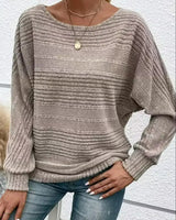 Damen Langarm Pullover mit Rundhalsausschnitt und Fledermausärmeln in horizontalen Streifen in Khaki