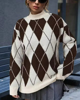 Damen Langarm Pullover mit Stehkragen und Rautenmuster in Braun
