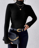 Damen Langarm Rollkragenpullover mit vertikalem Rippmuster in Schwarz