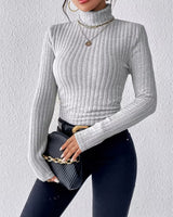 Damen Langarm Rollkragenpullover mit vertikalem Rippmuster in Silbergrau