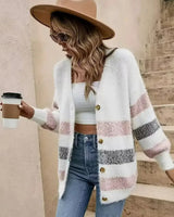 Damen Langarm Strickjacke mit V-Ausschnitt und horizontalen Blockfarben-Streifen in Rosa