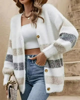 Damen Langarm Strickjacke mit V-Ausschnitt und horizontalen Blockfarben-Streifen in Weiß