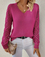 Greta | Damen Langarm V-Ausschnitt Lochstrick Knit Sweater Pullover in Lila