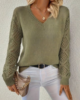 Greta | Damen Langarm V-Ausschnitt Lochstrick Knit Sweater Pullover in Olivgrün