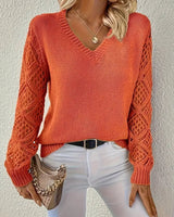 Greta | Damen Langarm V-Ausschnitt Lochstrick Knit Sweater Pullover in Orange