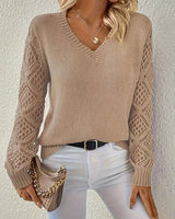 Greta | Damen Langarm V-Ausschnitt Lochstrick Knit Sweater Pullover in Aprikose