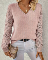 Greta | Damen Langarm V-Ausschnitt Lochstrick Knit Sweater Pullover in Blau