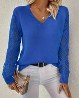 Greta | Damen Langarm V-Ausschnitt Lochstrick Knit Sweater Pullover in Rosa