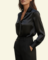 Damen Langarmbluse mit Kragen und drapiertem Frontdetail in Schwarz