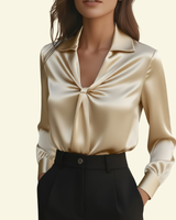 Damen Langarmbluse mit Kragen und drapiertem Frontdetail in Beige