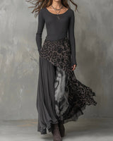 Frieda | Damen Langarmkleid Maxi Rippstrick Leopardenmuster Chiffon unregelmäßiger Saum in Grau