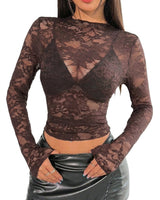Damen Langarmshirt aus Spitze mit Stehkragen in Schokoladenbraun
