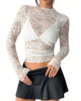 Damen Langarmshirt aus Spitze mit Stehkragen in Weiß