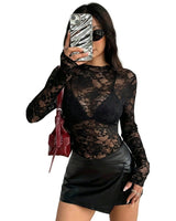 Damen Langarmshirt aus Spitze mit Stehkragen in Schwarz