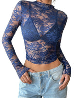 Damen Langarmshirt aus Spitze mit Stehkragen in Dunkelblau