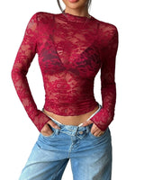 Damen Langarmshirt aus Spitze mit Stehkragen in Bordeaux