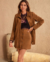 Damen Lange Jacke und Minirock Set mit Hemdkragen und Knopfleiste in Karamell