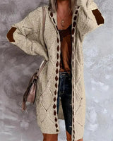 Damen Lange Offene Strickjacke mit Kapuze Rautenmuster Ellenbogen-Patches und Lochmuster in Khaki