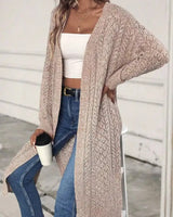 Damen Lange Offene Strickjacke mit Seitenschlitzen und Durchbrochenem Strickmuster in Khaki