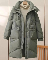 Damen Lange Steppjacke mit Stehkragen Verdecktem Reißverschluss Pattentaschen und Langen Ärmeln in Grau