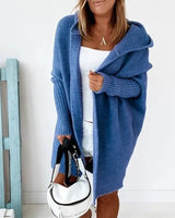 Damen lange Strickjacke mit Kapuze offener Front und strukturierten Bündchen in Blau