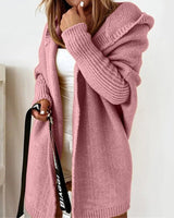 Damen lange Strickjacke mit Kapuze offener Front und strukturierten Bündchen in Rosa