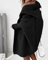 Damen lange Strickjacke mit Kapuze offener Front und strukturierten Bündchen in Schwarz