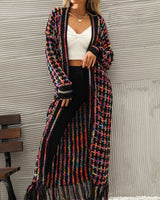 Damen Lange Strickjacke mit Offener Front Fransenabschluss und Mehrfarbigem Muster in Schwarz