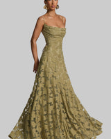 Damen Maxikleid mit Wasserfallausschnitt Spaghettiträgern Blumenmuster und Schnürung am Rücken in Olivgrün