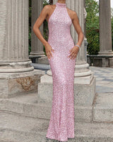 Damen langes Neckholderkleid mit Paillettenoberfläche in Rosa