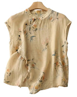 Damen leinen-Bluse mit Stehkragen, asymmetrischer Knopfleiste und floralem Muster in Beige