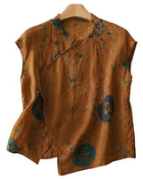 Damen leinen-Bluse mit Stehkragen, asymmetrischer Knopfleiste und floralem Muster in Braun