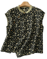 Damen leinen-Bluse mit Stehkragen, asymmetrischer Knopfleiste und floralem Muster in Schwarz