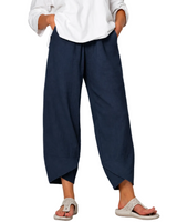 Damen leinen Weite Cropped-Hose mit Geschwungenem Saum in Marineblau