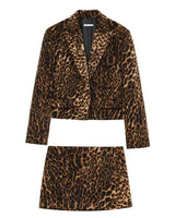Damen Leopardenmuster-Set mit Cropped Blazer Kerbrevers und Mini-Rock in Braun mit Leopardenmuster