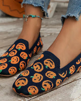 Damen Loafer mit perforierter Oberfläche und quadratischem Zehenbereich in Dunkelblau mit Kürbismuster