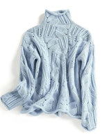 Johanna | Damen Lockerer Zopfmuster Stehkragen Knit Sweater in Blau