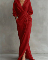 Nora | Damen Long Sleeve Dress Maxi Wickelkleid V-Ausschnitt 3/4-Ärmel in Rot