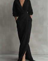 Nora | Damen Long Sleeve Dress Maxi Wickelkleid V-Ausschnitt 3/4-Ärmel in Schwarz