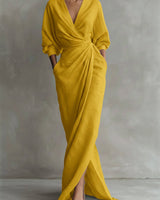 Nora | Damen Long Sleeve Dress Maxi Wickelkleid V-Ausschnitt 3/4-Ärmel in Gelb