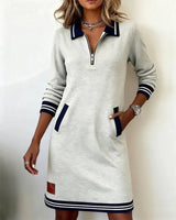 Elisabeth | Damen Long Sleeve Dress Polokragen Reißverschluss Midi-Kleid Seitentaschen in Grau