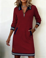 Elisabeth | Damen Long Sleeve Dress Polokragen Reißverschluss Midi-Kleid Seitentaschen in Rot