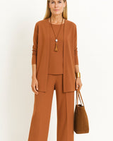 Amelie | Damen Longline-Cardigan 3-teiliges Set Culotte Hosenanzug Elegant in Hellbraun