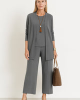 Amelie | Damen Longline-Cardigan 3-teiliges Set Culotte Hosenanzug Elegant in Grau